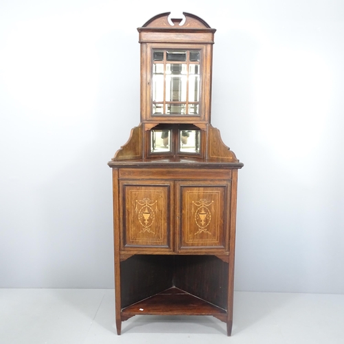 2123 - A Victorian mahogany and satinwood strung two section corner display cabinet, with inlaid decoration... 