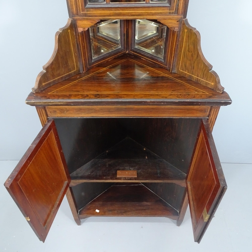 2123 - A Victorian mahogany and satinwood strung two section corner display cabinet, with inlaid decoration... 