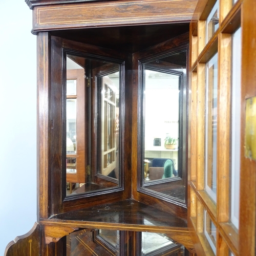 2123 - A Victorian mahogany and satinwood strung two section corner display cabinet, with inlaid decoration... 