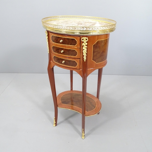 2127 - An Italianate oval marble-topped two-tier side table, with three drawers, pierced brass gallery and ... 