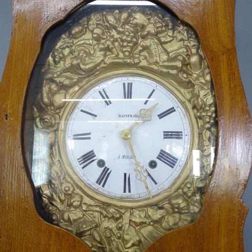 2154 - An antique French pine cased comtoise clock, complete with pendulum and weights. H218