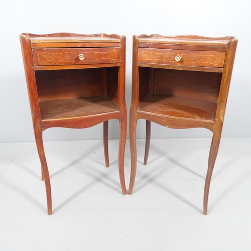 2158 - A pair of French kingwood veneered and satinwood strung pot cupboards with single drawer and open st... 