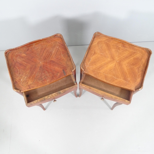 2158 - A pair of French kingwood veneered and satinwood strung pot cupboards with single drawer and open st... 