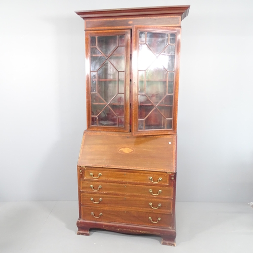 2182 - A 19th century mahogany and satinwood banded bureau bookcase. 102x213x47cm