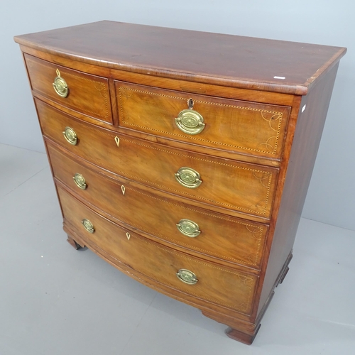 2186 - A 19th century mahogany and satinwood cross banded bow front chest, five drawers on ogee bracket fee... 