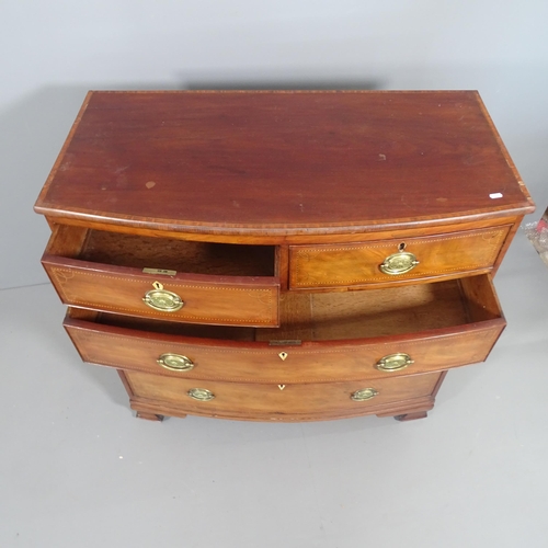 2186 - A 19th century mahogany and satinwood cross banded bow front chest, five drawers on ogee bracket fee... 