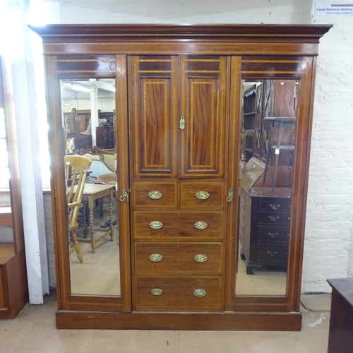 2187 - A late Victorian 5 section mahogany and satinwood inlaid compactum wardrobe with bird's eye maple in... 