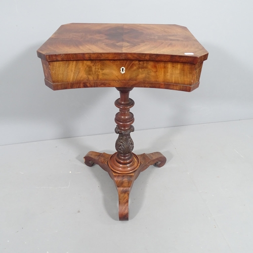 2193 - A Victorian flame veneered mahogany sewing table, the rising lid revealing a fitted interior, raised... 