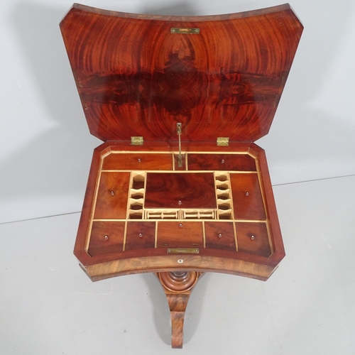 2193 - A Victorian flame veneered mahogany sewing table, the rising lid revealing a fitted interior, raised... 