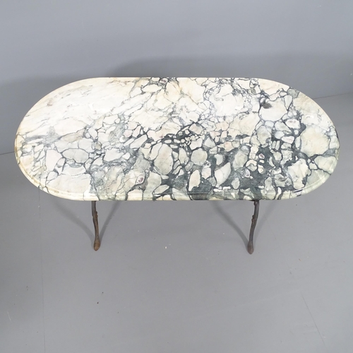 2200 - An oval Arabescato Breccia marble topped garden table on cast iron base. 121x74x61cm