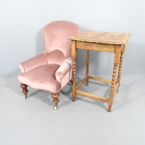 2206 - A small Victorian upholstered armchair and an oak side table(2)