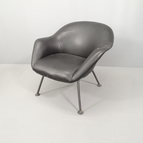 2021 - A mid century black leather upholstered lounge chair, raised on tubular metal legs.