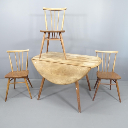 2025 - An Ercol drop-leaf dining table, 114x72x61cm (extending to 123cm), and three Ercol stick back dining... 