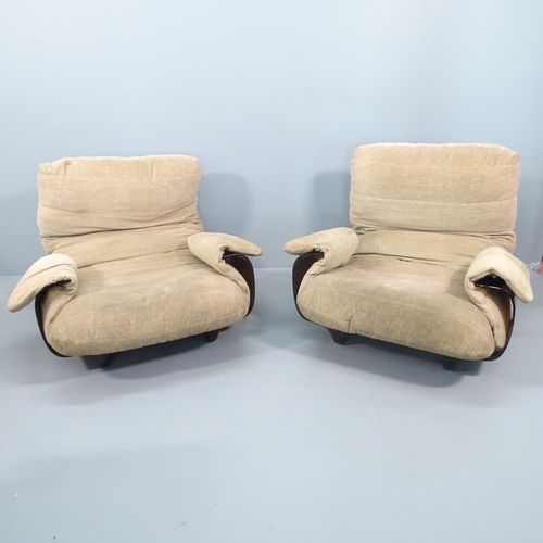 2027 - MICHEL DUCAROY FOR LIGNE ROSET - a pair of French mid century lounge chairs, with brown plexiglass f... 