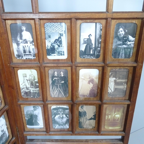 2292 - A late Victorian Anglo-Japanese screen, the glazed panels mounted with images of early female photog... 