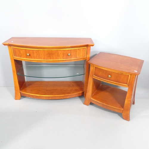 2244 - A mahogany bow front sideboard with single drawer and glass shelf under, and a matching lamp table. ... 