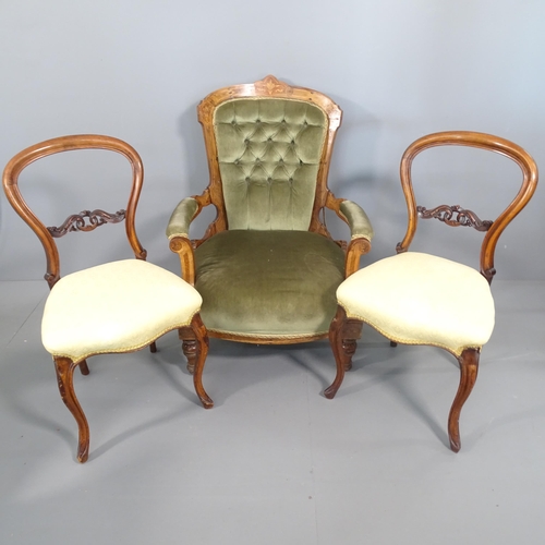 2247 - A continental walnut and satinwood inlaid upholstered open armchair and 2 similar balloon back chair... 