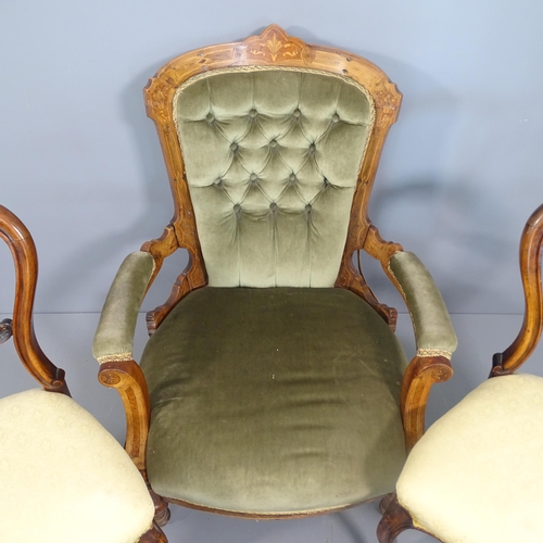 2247 - A continental walnut and satinwood inlaid upholstered open armchair and 2 similar balloon back chair... 