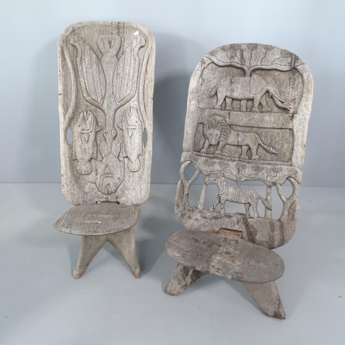 2249 - 2 antique hardwood African tribal chairs with carved animal back panels. Largest - 43x100x80cm.