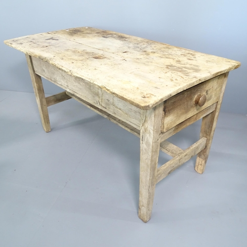 2263 - An antique elm plank top farmhouse serving table, on H shaped stretcher with single drawer. 137x73x7... 