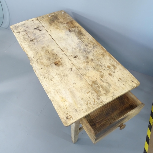 2263 - An antique elm plank top farmhouse serving table, on H shaped stretcher with single drawer. 137x73x7... 