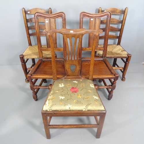 2264 - A pair of 18th century elm panel seated dining chairs, a pair of antique oak rush seated ladder back... 