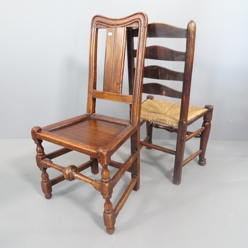 2264 - A pair of 18th century elm panel seated dining chairs, a pair of antique oak rush seated ladder back... 