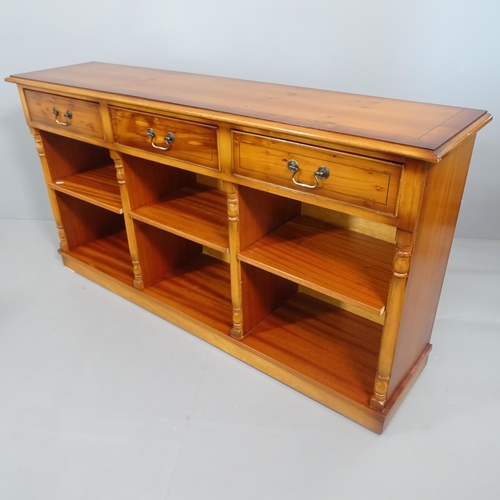 2268 - A yew wood sideboard with 3 drawers and shelves under. 150x80x37cm.