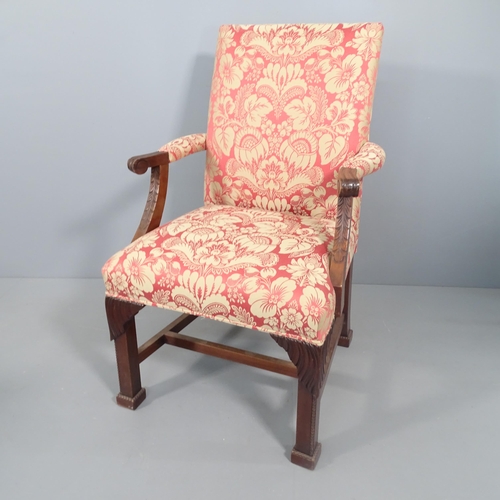 2270 - A mahogany and upholstered Gainsborough style open armchair, with carved decoration. Overall 65x102x... 