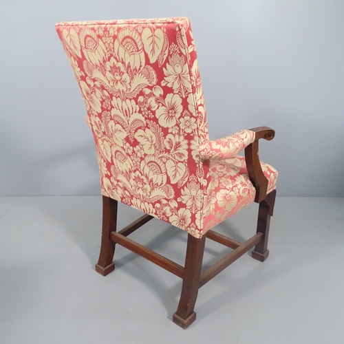 2270 - A mahogany and upholstered Gainsborough style open armchair, with carved decoration. Overall 65x102x... 