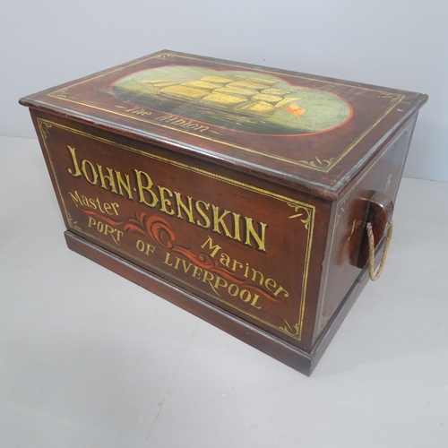 2280 - An antique stained pine blanket box with painted nautical design for The Albion and lettering for Jo... 