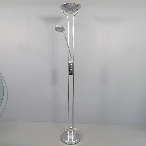 2285 - A modern chromed combination lamp, with uplighter and adjustable reading lamp. H - 184cm.