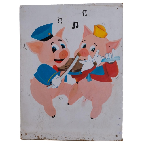 68 - A hand painted picture on board of 2 musical piglets, 1 playing a violin, second a flute, signed bot... 