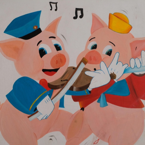 68 - A hand painted picture on board of 2 musical piglets, 1 playing a violin, second a flute, signed bot... 