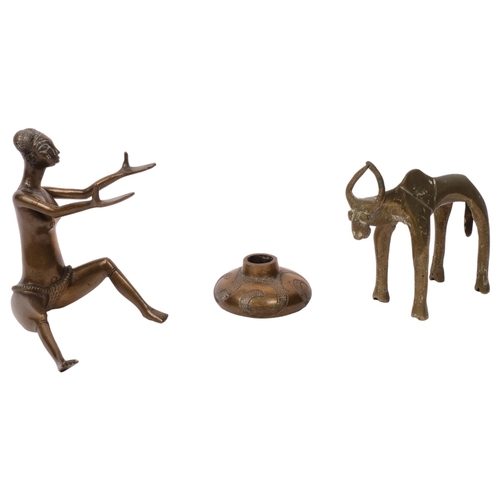 299 - A stylised Nigerian bronze female figure, a small pot and another (3)