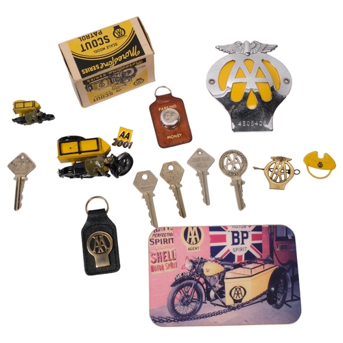 304 - A collection of AA memorabilia, including a boxed Scout patrol motorcycle and sidecar with rider, AA... 