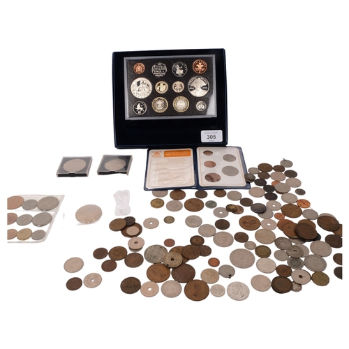 305 - A group of various coins, including a 2005 United Kingdom proof set, a Trafalgar commemorative £5 co... 