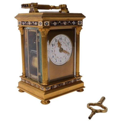 319 - A French gilt-brass and champleve 8-day repeating carriage clock, white enamel floral decorated dial... 