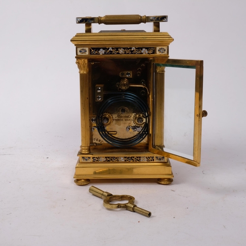 319 - A French gilt-brass and champleve 8-day repeating carriage clock, white enamel floral decorated dial... 