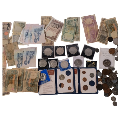 323 - Various commemorative coins, pre-decimal coins, foreign banknotes etc