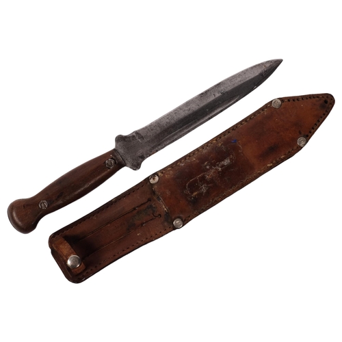 326 - A Vintage hunting knife with turned wood handle, no maker's marks, L26cm, with leather scabbard