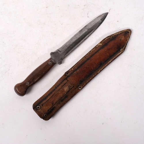 326 - A Vintage hunting knife with turned wood handle, no maker's marks, L26cm, with leather scabbard