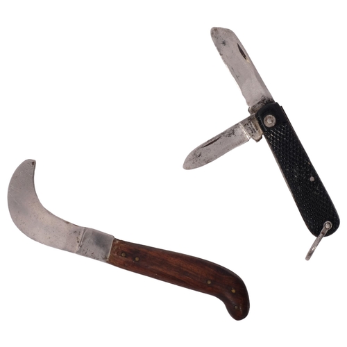 327 - A small wooden handled billhook, no maker's marks, and a 2-bladed penknive