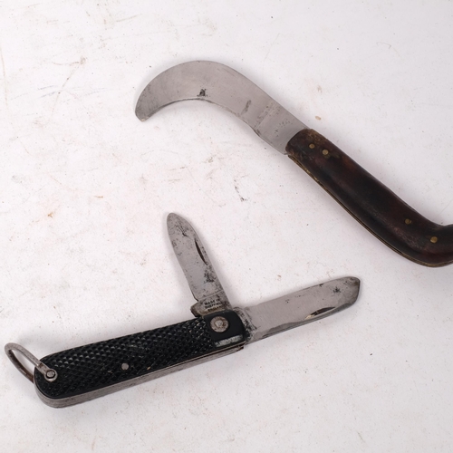 327 - A small wooden handled billhook, no maker's marks, and a 2-bladed penknive