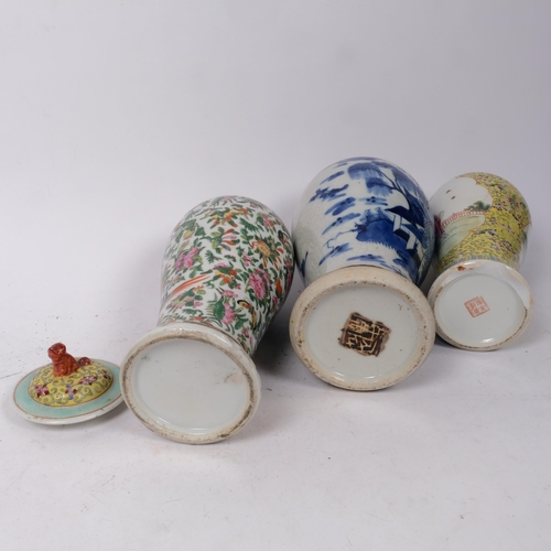 335 - 3 various Chinese baluster vases, including a blue and white crackle glaze, Canton baluster vase, an... 