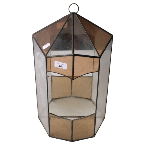 341 - A clear and coloured glass leadlight-framed hanging terrarium, height including loop 48cm