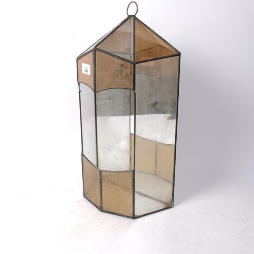 341 - A clear and coloured glass leadlight-framed hanging terrarium, height including loop 48cm