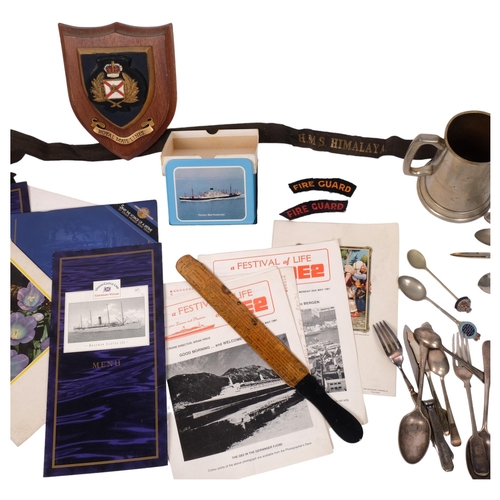 348 - A box of various Naval and sailing items, including a Royal Mail Lines plaque, a Union Castleline Ce... 