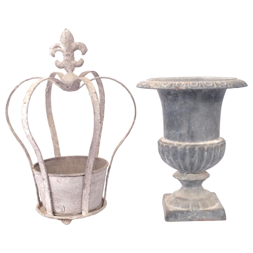 352 - A small cast-iron Campana style urn, H22cm, and a painted metal coronet style plant pot, H31cm (2)