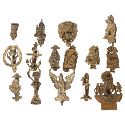 355 - A group of Vintage brass door knockers, including a ring-handled lion mask, a Cornish pisky, eagle e... 